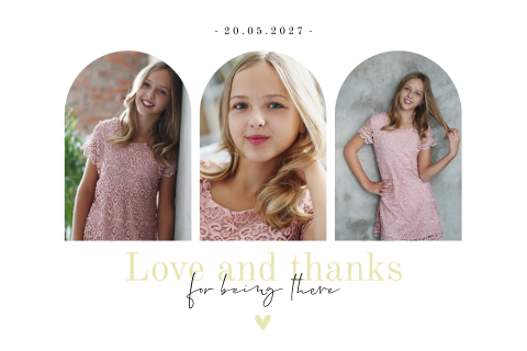 Dankeskarte Jugendweihe mit Fotos in Bogenform und Aquarell Blättern