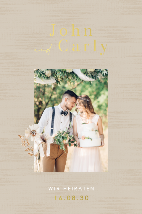 Elegante Hochzeitseinladung mit Veilchen und Goldfolientext