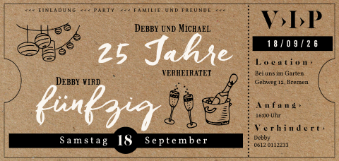 Doppelparty-Einladung VIP-Ticketform im Kraftlook