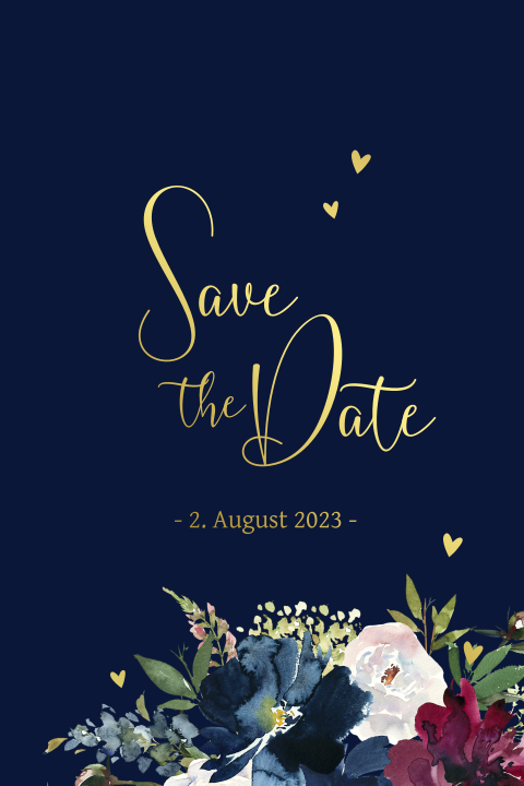 Save the Date Karte mit Goldfolie und Blumen auf dunkelblau