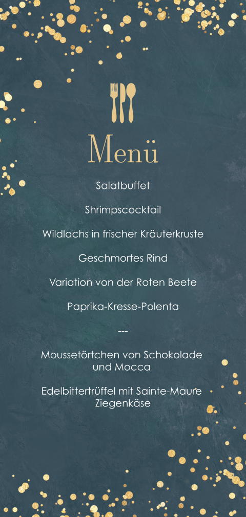 Festliche Menükarte mit Besteck und Goldtupfern