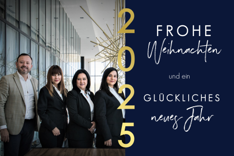 Geschäftliche Weihnachtskarte in Dunkelblau mit Foto