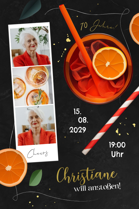 Geburtstageinladung zum 70sten mit Cocktail, Folie und Fotostreifen