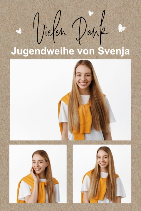 Kraft-Look Dankeskarte Jugendweihe mit drei Fotos und Herzen