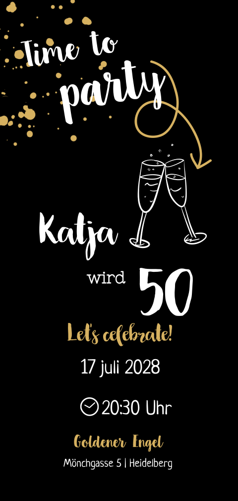 Elegante Einladung zum 50. Geburtstag schwarz mit Goldklecksen