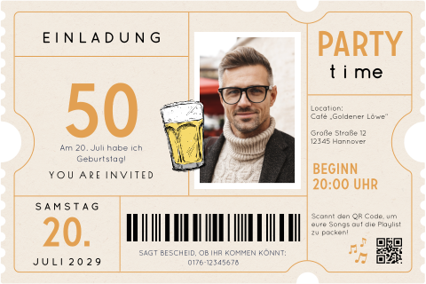Einladung zum 50. Geburtstag als Ticket mit Bierglas