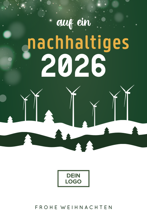 Geschäftliche Weihnachtskarte mit Weihnachtsbäumen und Windturbinen