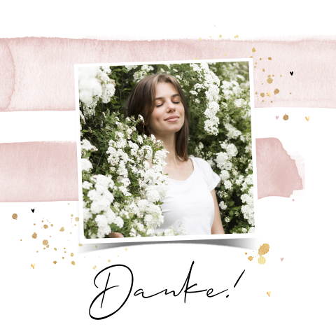 Dankeskarte zur Firmung mit rosa und goldfarbigen Aquarell und Foto