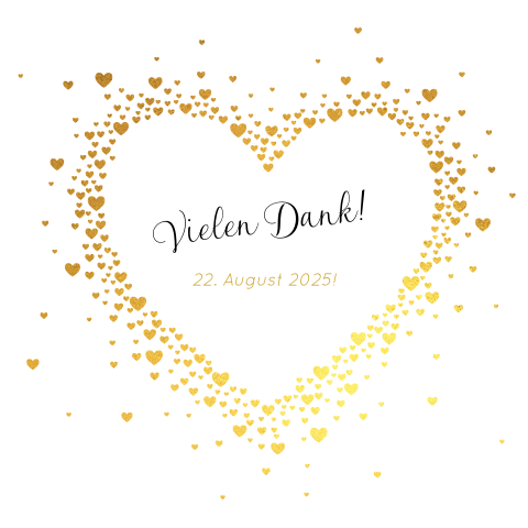 Dankeskarte mit goldenen Herzen in Herzform und Foto