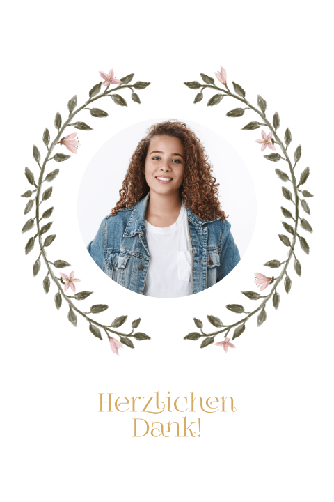 Dankeskarte zur Jugendweihe mit Foto und Zweigen im Hochformat