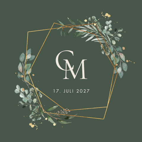 Stilvolle Hochzeitskarte mit geometrischen Rahmen, Eukalyptuszweigen