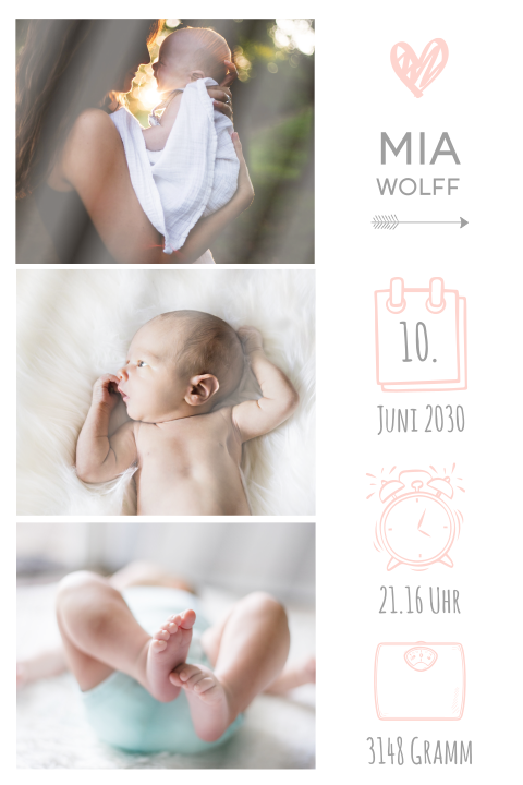 Babykarte mit Fotostreifen und süßem rosa Herz - Maedchen