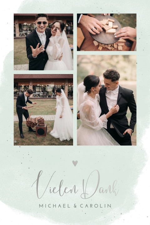 Dankeskarte Hochzeit in Salbei mit Fotocollage