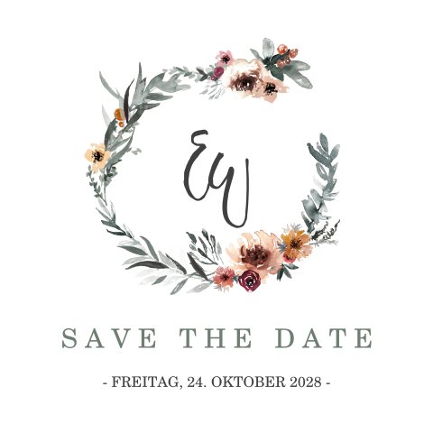 Save the date Karte mit Blumenkranz in Rosa und Orange