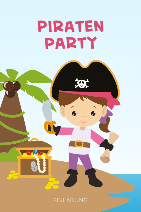 Einladung zum Kindergeburtstag mit Pirateninsel und Schatzkiste