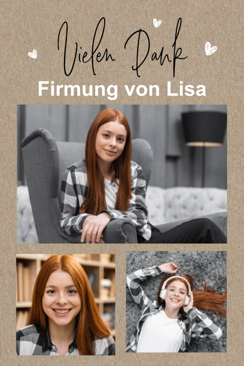 Kraftlook-Dankeskarte Firmung mit drei Fotos und Herzen