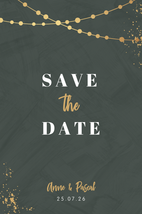 Save the Date Karte für Hochzeitsfeier mit goldenen Lichterketten
