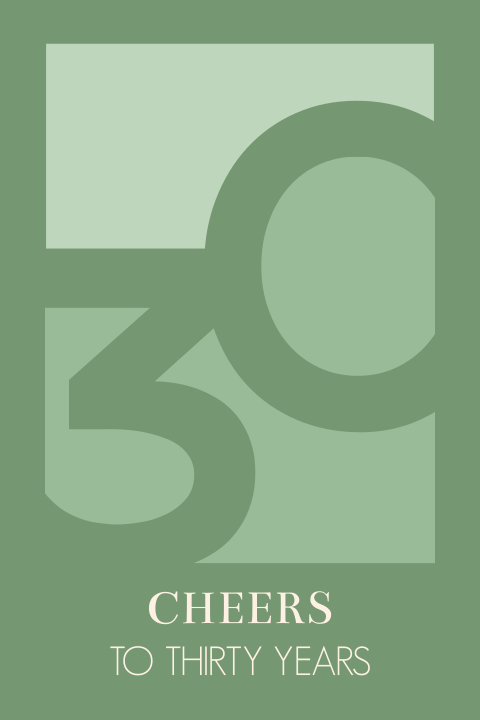 Einladung zum Firmenjubiläum 30 Jahre in Grün mit Logo und Sektgläsern
