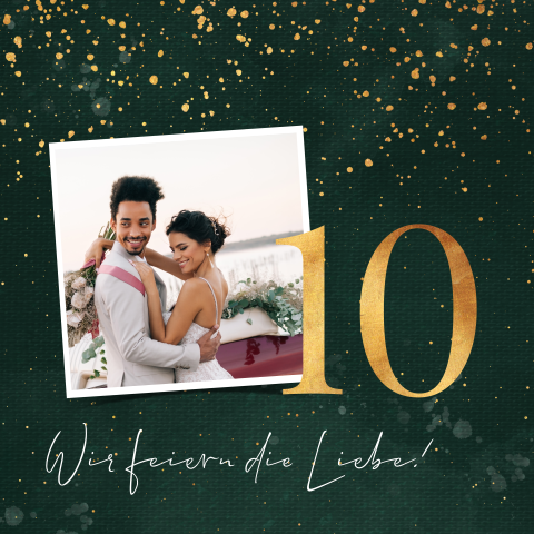 Moderne Einladung zur Rosenhochzeit mit Foto und Goldspritzern