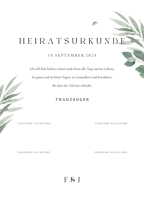 Botanische Heiratsurkunde mit Eukalyptuszweigen