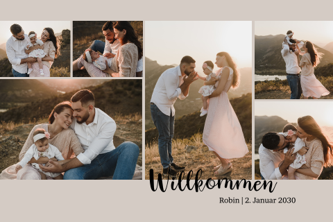 Stilvolle Geburtskarte mit Fotocollage und Willkommen