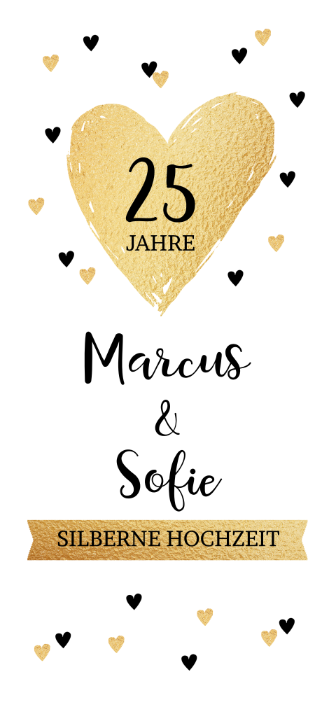 Witzige Einladung zur Silberhochzeit mit Herzchen in Schwarz und Gold