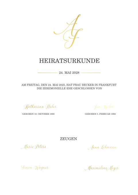 Heiratsurkunde selbst gestalten mit Goldfolie und Initialien