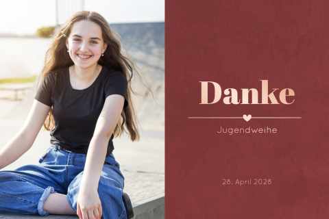 Dankeskarte zur Jugendweihe mit Roségoldfolie und großem Foto