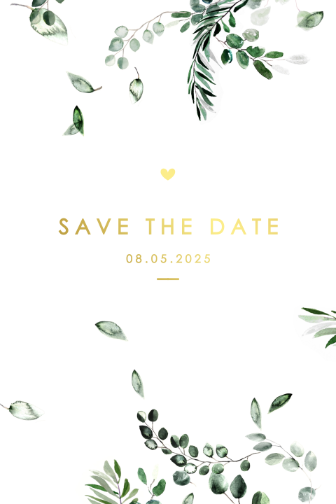 Elegant schlichte Save-the-Date Karte mit Foliendruck und Blättern