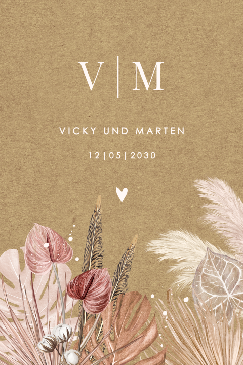Bohemian Hochzeitskarte mit bronzefarbenen Blättern und Kraftlook