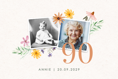 Fröhliche Einladung zum 90. Geburtstag mit Blumen und zwei Fotos