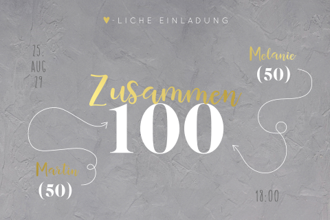 Einladung Doppelgeburtstag 100 Jahre mit zwei Fotos und Goldfolie