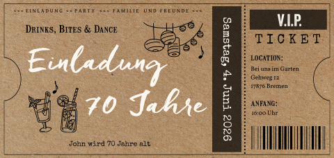 70 Jahre Geburtstag Einladung Gartenparty VIP Ticketform im Kraftlook