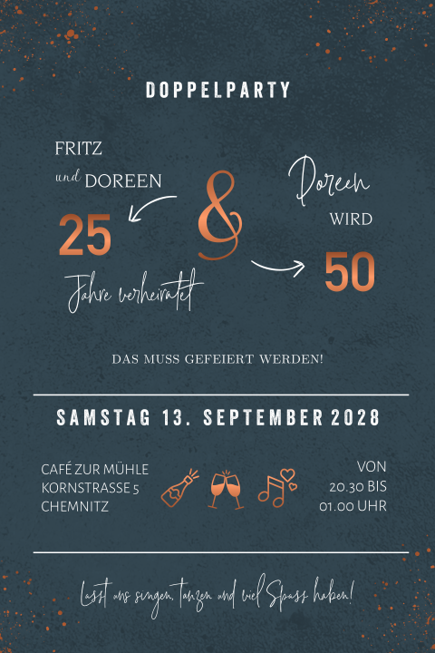 Doppelparty-Einladung 25 und 50 in Dunkelblau und Kupfer