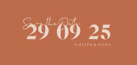 Save-the-Date mit lustiger Typografie und orangefarbenem Hintergrund
