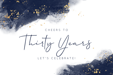 Stilvolle Einladung zum 30 Geburtstag mit blauem Aquarell und Gold