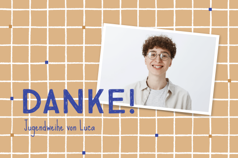 Dankeskarte zur Jugendweihe mit Foto auf orangenem Hintergrund