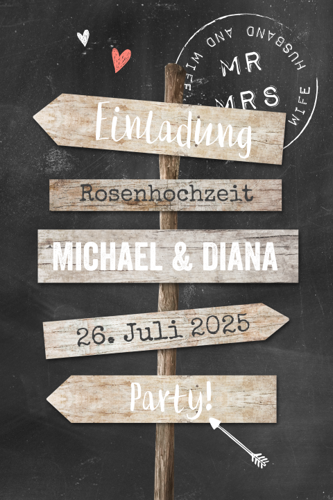 Einladung zur Rosenhochzeit mit Wegweiser auf Kreidetafel-Hintergrund