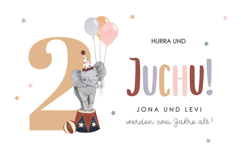Hübsche Einladung zum 2. Geburtstag mit niedlichem Elefanten