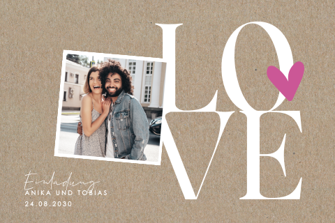 Kraftpapier-Look Hochzeitseinladung LOVE mit Foto