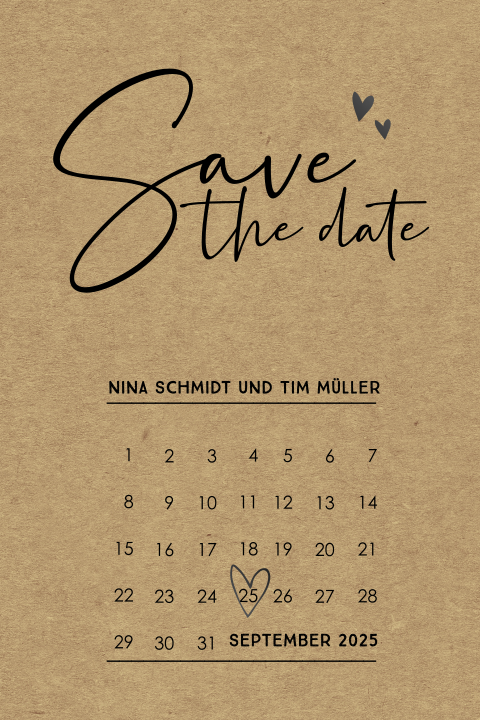 Save-the-Date Karte im Kraftlook mit Kalender und schwarzem Hochglanz