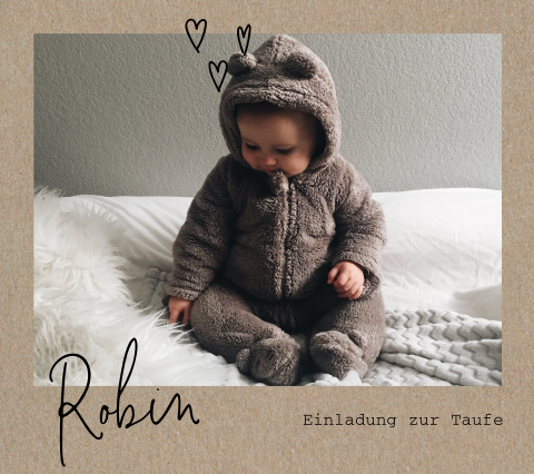 Einladung Taufe im Kraft-Polaroid-Look mit eigenem Foto und Herzen