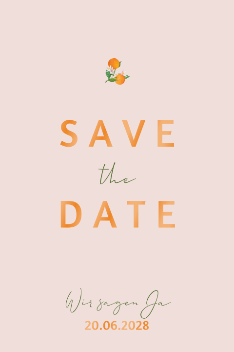 Save the Date Karte mit Orangen Motiv und rosa Hintergrund
