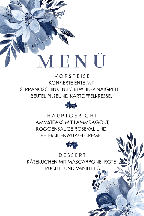 Menükarte mit romantischen blauen Blumen