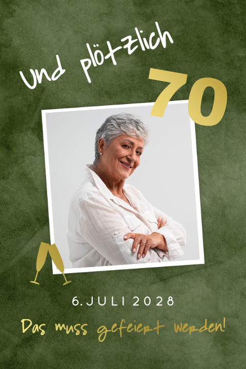 Einladung zum 70. Geburtstag mit Foto, grünem Samt-Look und Goldfolie