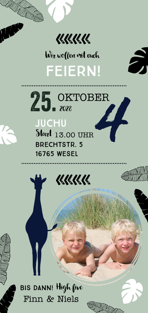 Einladung zum Kindergeburtsag mit exotischen Elementen und Giraffe