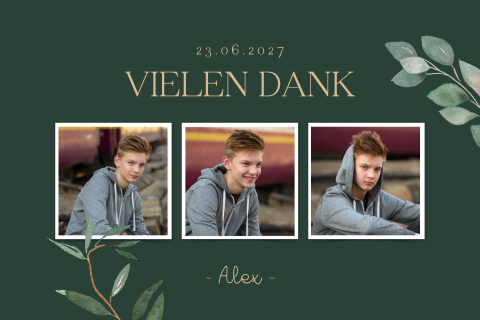 Dankeskarte Jungendweihe mit 3 Fotos und Zweigen