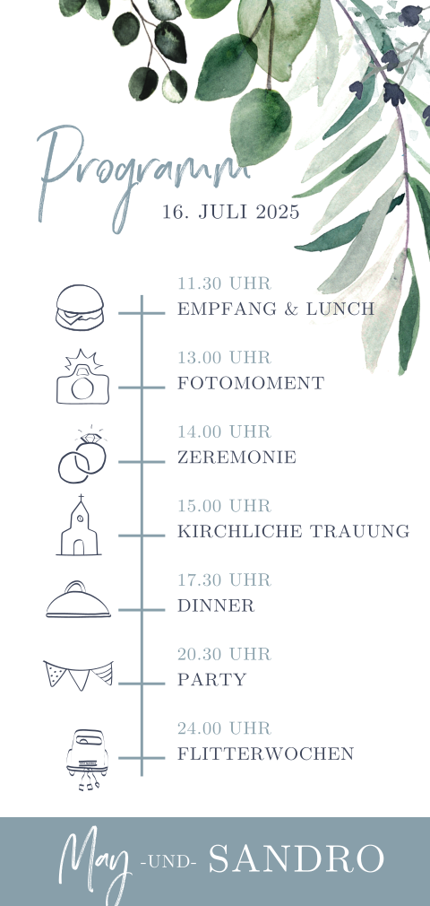 Tagesprogrammkarte mit Eukalyptusblättern