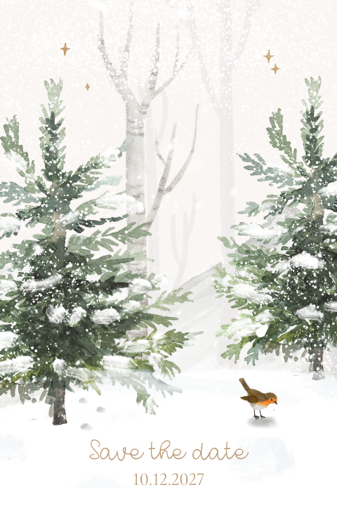Winterliche Save the Date Karte mit verschneitem Wald und Vögelchen