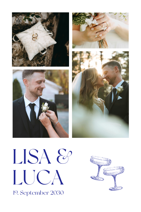 Dankeskarte Hochzeit mit blauen Details und Sektgläsern